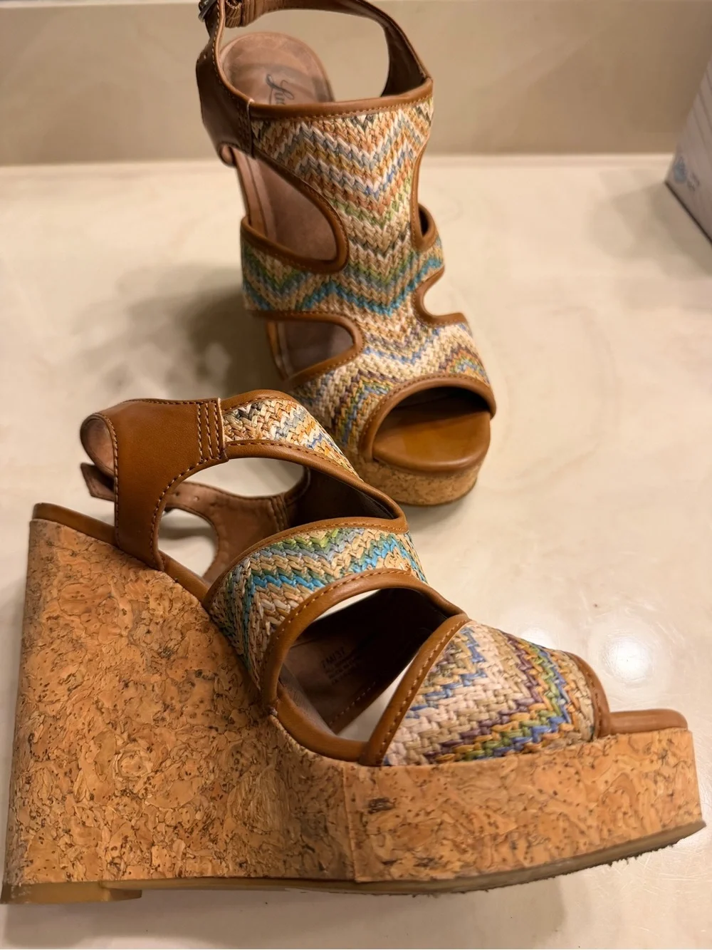 Lucky Wedge Sandals in Tan Multicolor Braided Raffia - Ladies Platform Heels